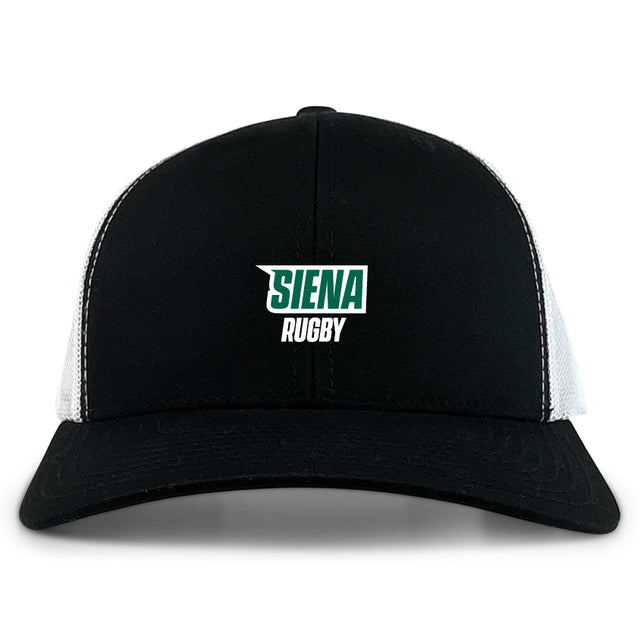 The Siena College Retro Trucker Cap by EMB S&S Activewear features black and white colors, "Siena Rugby" embroidered in green and white, and a snapback closure for adjustable fit.