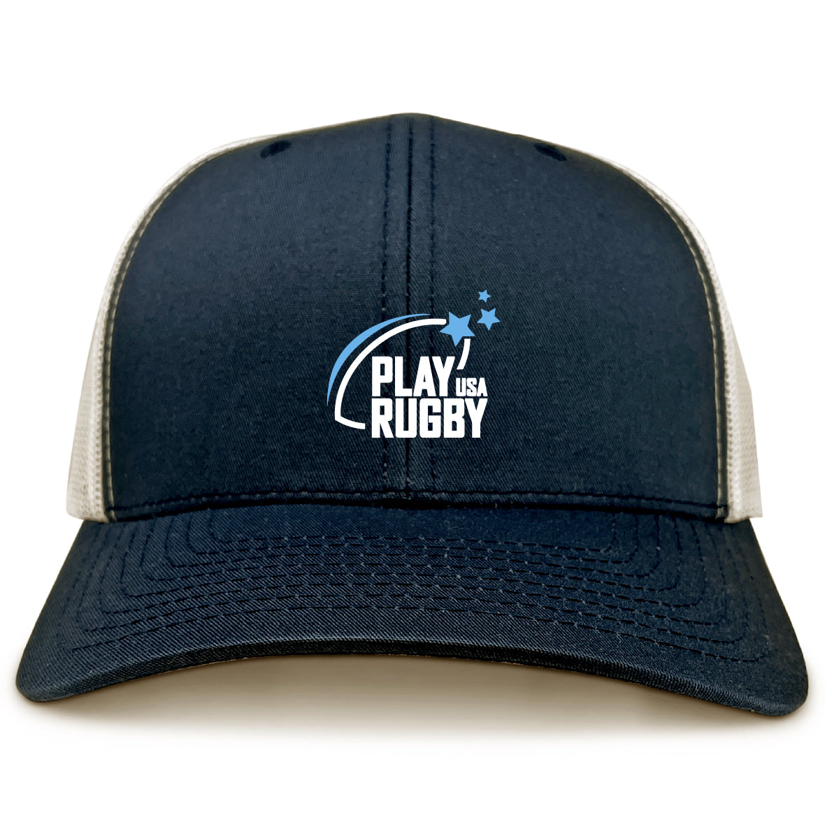 The Play Rugby USA Retro Trucker Cap by EMB S&S Activewear features a navy/white design, embroidered "Play Rugby USA" with a rugby ball and stars, classic mesh back, and adjustable snapback closure.