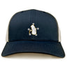 The Five Star Rugby Retro Trucker Cap by EMB S&S Activewear features a dark blue and beige design with an embroidered golf bag holding a drink and four stars on the front.