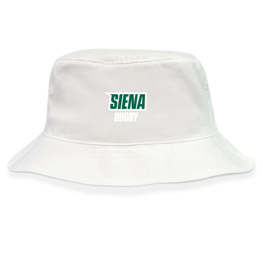 The Siena College Crusher Bucket Cap by EMB S&S Activewear features "Siena Rugby" in green and white on white cotton twill, providing comfortable sun protection.
