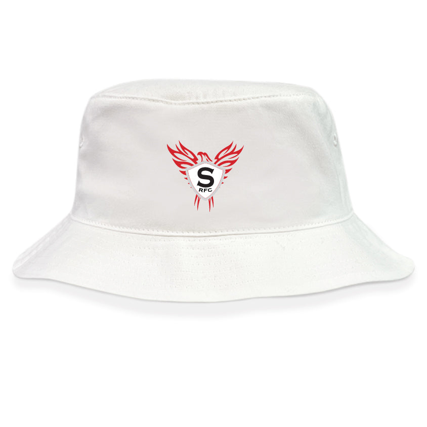 The EMB S&S Activewear Superior Rugby Crusher Bucket Cap is a white cotton twill hat with a red and black phoenix logo and "RFC" on the front, combining style and sun protection.