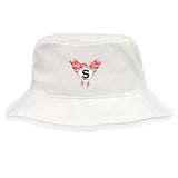 The EMB S&S Activewear Superior Rugby Crusher Bucket Cap is a white cotton twill hat with a red and black phoenix logo and "RFC" on the front, combining style and sun protection.