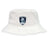 The Eckerd College Crusher Bucket Cap by EMB S&S Activewear is a white cotton twill hat featuring the Sacred College Sirens Rugby logo with a siren holding a rugby ball; ideal for sun protection.