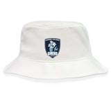 The Eckerd College Crusher Bucket Cap by EMB S&S Activewear is a white cotton twill hat featuring the Sacred College Sirens Rugby logo with a siren holding a rugby ball; ideal for sun protection.