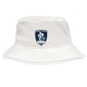 The Eckerd College Crusher Bucket Cap by EMB S&S Activewear is a white cotton twill hat featuring the Sacred College Sirens Rugby logo with a siren holding a rugby ball; ideal for sun protection.