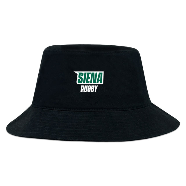 The Siena College Crusher Bucket Cap by EMB S&S Activewear features black cotton twill and "Siena Rugby" in white and green on the front, offering classic style and sun protection.