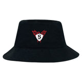The Superior Rugby Crusher Bucket Cap by EMB S&S Activewear features sun protection, a team logo with a white shield, bold "S," "RFC," and red flames. Made of cotton twill for comfort and style in classic black.