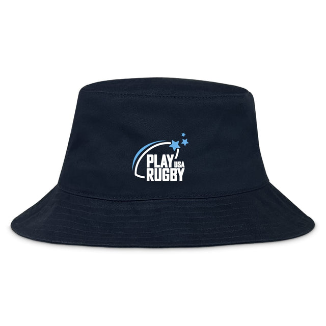 The Play Rugby USA Crusher Bucket Cap by EMB S&S Activewear is a navy blue cotton twill hat with the "Play Rugby USA" logo, three stars, and a swoosh on the front—perfect for sun protection during outdoor sports.