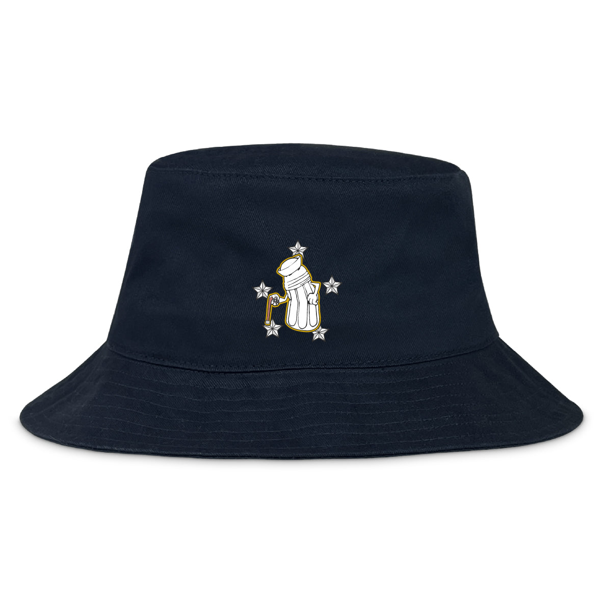 The EMB S&S Activewear Five Star Rugby Crusher Bucket Cap is a cotton twill hat with a front embroidered astronaut holding a flag and surrounded by stars—offering stylish sun protection.