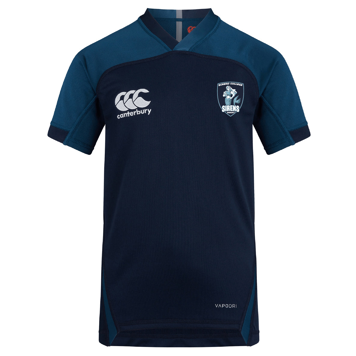 The EMB Canterbury Eckerd College Vapodri Evader Jersey is a navy blue rugby top with light blue accents, featuring the Canterbury logo, Sirens team crest, and "VAPODRI" text. Made from moisture-wicking fabric for lasting comfort.
