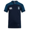 The EMB Canterbury Eckerd College Vapodri Evader Jersey is a navy blue rugby top with light blue accents, featuring the Canterbury logo, Sirens team crest, and "VAPODRI" text. Made from moisture-wicking fabric for lasting comfort.