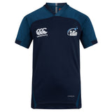 The Play Rugby USA Vapodri Evader Jersey by EMB Canterbury features navy blue moisture-wicking fabric, a "Play Rugby" logo on the right chest, and the Canterbury logo on the left chest.