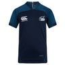 The Play Rugby USA Vapodri Evader Jersey by EMB Canterbury features navy blue moisture-wicking fabric, a "Play Rugby" logo on the right chest, and the Canterbury logo on the left chest.