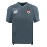 The Superior Rugby Vapodri Evader Jersey by EMB Canterbury is a gray short-sleeve top with moisture-wicking tech, a "Canterbury" logo on the right chest, and a red and white "S" crest on the left chest.