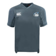 The Play Rugby USA Vapodri Evader Jersey by EMB Canterbury is a gray short-sleeve rugby jersey with "Canterbury" and "Play Rugby" logos, made from moisture-wicking fabric for comfort on and off the field.