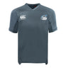 The Play Rugby USA Vapodri Evader Jersey by EMB Canterbury is a gray short-sleeve rugby jersey with "Canterbury" and "Play Rugby" logos, made from moisture-wicking fabric for comfort on and off the field.