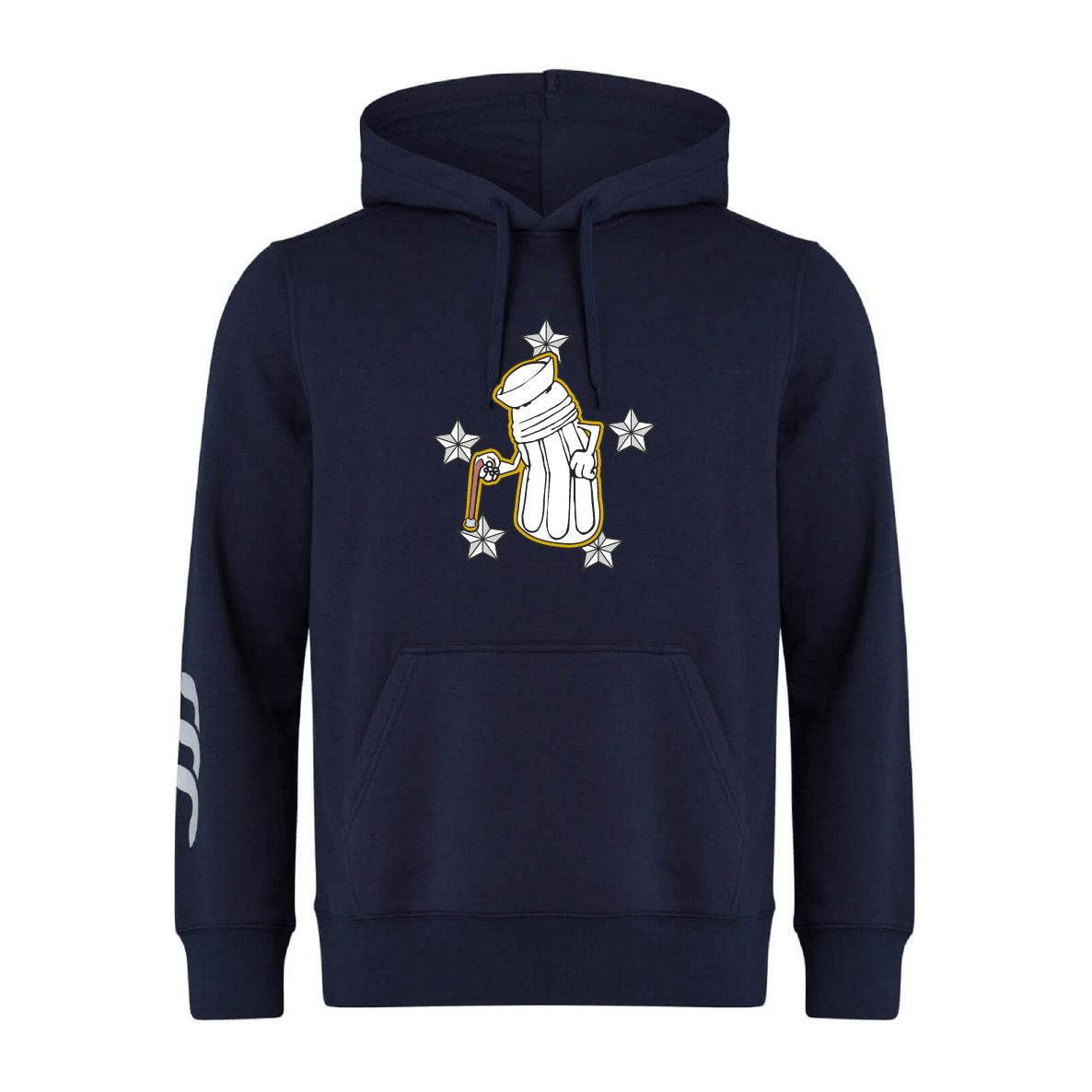 The Five Star Rugby Club Hoodie by WRS Canterbury features a navy blue design with a front print of a beer stein, white gloves, and five stars, plus three white stripes on the left sleeve—ideal for rugby fans and players.