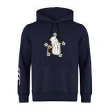 The Five Star Rugby Club Hoodie by WRS Canterbury features a navy blue design with a front print of a beer stein, white gloves, and five stars, plus three white stripes on the left sleeve—ideal for rugby fans and players.