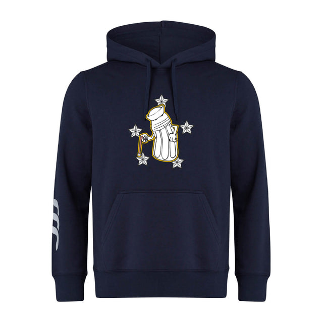 The Five Star Rugby Club Hoodie by WRS Canterbury features a navy blue design with a front print of a beer stein, white gloves, and five stars, plus three white stripes on the left sleeve—ideal for rugby fans and players.