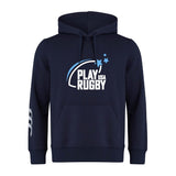 The Play Rugby USA Club Hoodie by WRS Canterbury features "Play USA Rugby" and star graphics on navy, plus a white triple-stripe right sleeve for a sporty rugby club look.