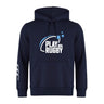 The Play Rugby USA Club Hoodie by WRS Canterbury features "Play USA Rugby" and star graphics on navy, plus a white triple-stripe right sleeve for a sporty rugby club look.