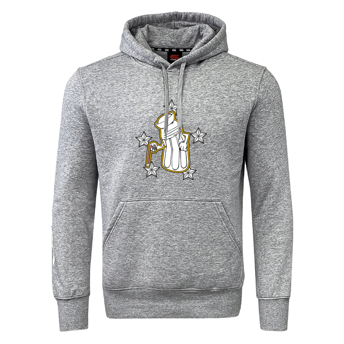 The Five Star Rugby Club Hoodie by WRS Canterbury is a gray sweatshirt with a hood, front pocket, and an angelic hand holding a cane surrounded by stars on the chest—ideal for custom teams or standout rugby club style.