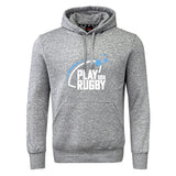 The Play Rugby USA Club Hoodie by WRS Canterbury is a gray hooded sweatshirt with a front pocket and "Play USA Rugby" logo—perfect for fans and players looking for a custom rugby hoodie.