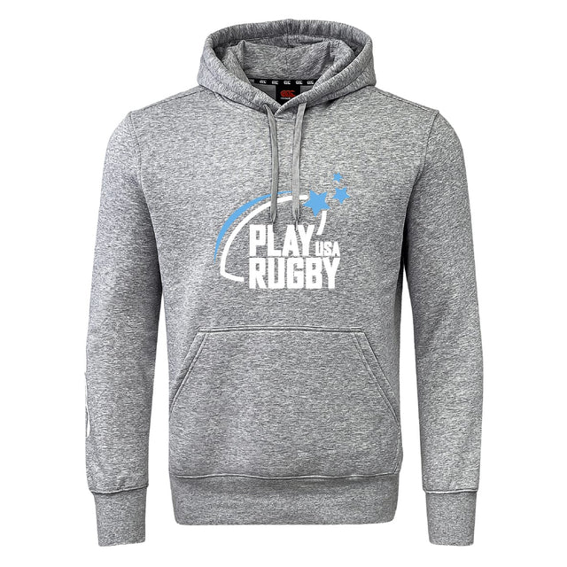 The Play Rugby USA Club Hoodie by WRS Canterbury is a gray hooded sweatshirt with a front pocket and "Play USA Rugby" logo—perfect for fans and players looking for a custom rugby hoodie.