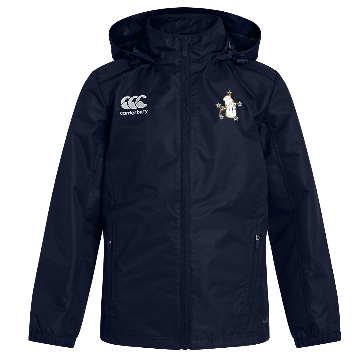 The Five Star Rugby Club Vaposhield Stadium Jacket by EMB Canterbury is a navy water-repellent, hooded zip jacket with the Canterbury logo on the right chest and a club crest with a bird and stars on the left—ideal for rugby fans.