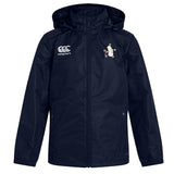 The Five Star Rugby Club Vaposhield Stadium Jacket by EMB Canterbury is a navy water-repellent, hooded zip jacket with the Canterbury logo on the right chest and a club crest with a bird and stars on the left—ideal for rugby fans.
