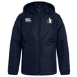 The EMB Canterbury Five Star Rugby Club Vaposhield Full Zip Rain Jacket is a navy blue hooded raincoat with a front zipper, featuring the Canterbury logo on the right chest and a penguin emblem on the left. VapoShield ensures superior water resistance.