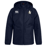 The EMB Canterbury Five Star Rugby Club Vaposhield Full Zip Rain Jacket is a navy blue hooded raincoat with a front zipper, featuring the Canterbury logo on the right chest and a penguin emblem on the left. VapoShield ensures superior water resistance.