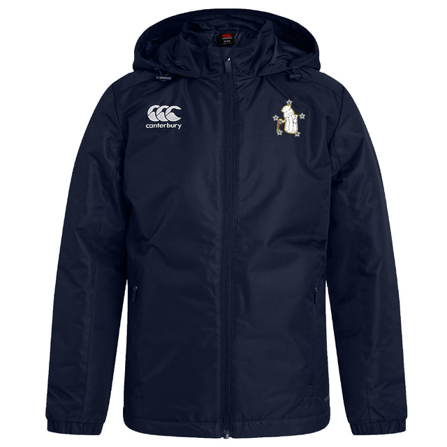 The EMB Canterbury Five Star Rugby Club Vaposhield Full Zip Rain Jacket is a navy blue hooded raincoat with a front zipper, featuring the Canterbury logo on the right chest and a penguin emblem on the left. VapoShield ensures superior water resistance.