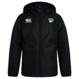 The EMB Canterbury Siena College Club Vaposhield Stadium Jacket features a black hood with front zipper, padded insulation, and long sleeves. It has the "Canterbury" logo on the left chest and "Siena Rugby" on the right. Its water-repellent design makes it ideal for the rugby stadium.