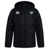 The EMB Canterbury Siena College Club Vaposhield Stadium Jacket features a black hood with front zipper, padded insulation, and long sleeves. It has the "Canterbury" logo on the left chest and "Siena Rugby" on the right. Its water-repellent design makes it ideal for the rugby stadium.