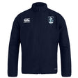 The Eckerd College Club Track Jacket by EMB Canterbury features a navy blue design, Sirens rugby team logos on the chest, water repellent finish, zip-up front, and stand-up collar.