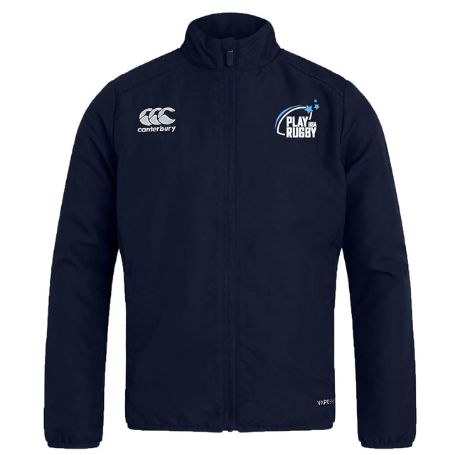 The Play Rugby USA Club Track Jacket by EMB Canterbury features a navy design with "Canterbury" and "Play Rugby" chest logos. Lightweight and sporty, it's ideal for active days.