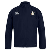 The Five Star Rugby Club Track Jacket by EMB Canterbury features the Canterbury logo on the right chest, an embroidered crest with stars on the left, and is lightweight and water-repellent—ideal for all-weather training.
