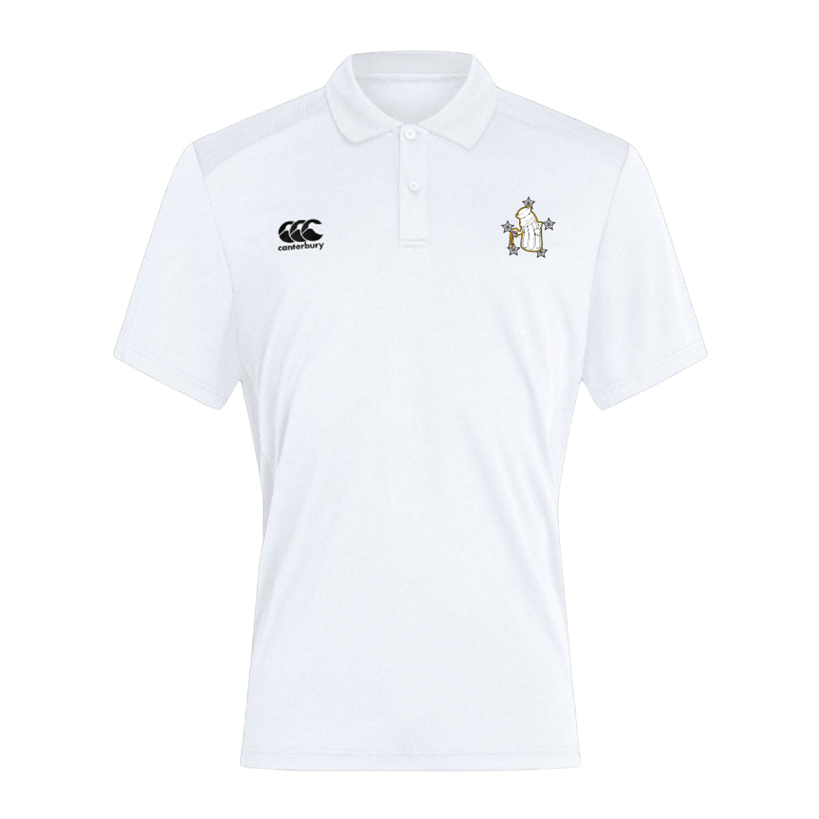 The Five Star Rugby Club Dry Polo by EMB Canterbury is a white short-sleeve polo with a collar, small embroidered logo on the left chest, black Canterbury logo on the right chest, and breathable Vapodri Technology.