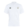 The Five Star Rugby Club Dry Polo by EMB Canterbury is a white short-sleeve polo with a collar, small embroidered logo on the left chest, black Canterbury logo on the right chest, and breathable Vapodri Technology.