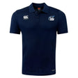 The Play Rugby USA Club Dry Polo by EMB Canterbury is a navy blue, breathable short-sleeve polo featuring a collar, "Canterbury" logo on the right chest, and "Play Rugby" logo on the left.