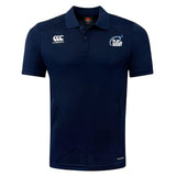 The Play Rugby USA Club Dry Polo by EMB Canterbury is a navy blue, breathable short-sleeve polo featuring a collar, "Canterbury" logo on the right chest, and "Play Rugby" logo on the left.