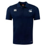 The Play Rugby USA Club Dry Polo by EMB Canterbury is a navy blue, breathable short-sleeve polo featuring a collar, "Canterbury" logo on the right chest, and "Play Rugby" logo on the left.