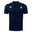 The Five Star Rugby Club Dry Polo by EMB Canterbury features navy blue, short sleeves, a collared neckline with three buttons, chest embroidery, and breathable Vapodri Technology for comfort all day.