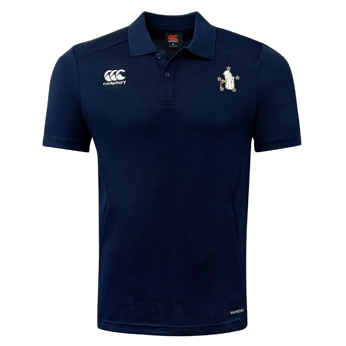 The Five Star Rugby Club Dry Polo by EMB Canterbury features navy blue, short sleeves, a collared neckline with three buttons, chest embroidery, and breathable Vapodri Technology for comfort all day.
