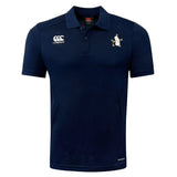 The Five Star Rugby Club Dry Polo by EMB Canterbury features navy blue, short sleeves, a collared neckline with three buttons, chest embroidery, and breathable Vapodri Technology for comfort all day.