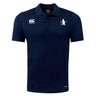 The Five Star Rugby Club Dry Polo by EMB Canterbury features navy blue, short sleeves, a collared neckline with three buttons, chest embroidery, and breathable Vapodri Technology for comfort all day.
