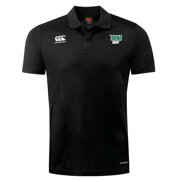 The Siena College Club Dry Polo by EMB Canterbury is a black shirt with a "Siena Rugby" patch and features Vapodri Technology for breathable, moisture-wicking comfort.