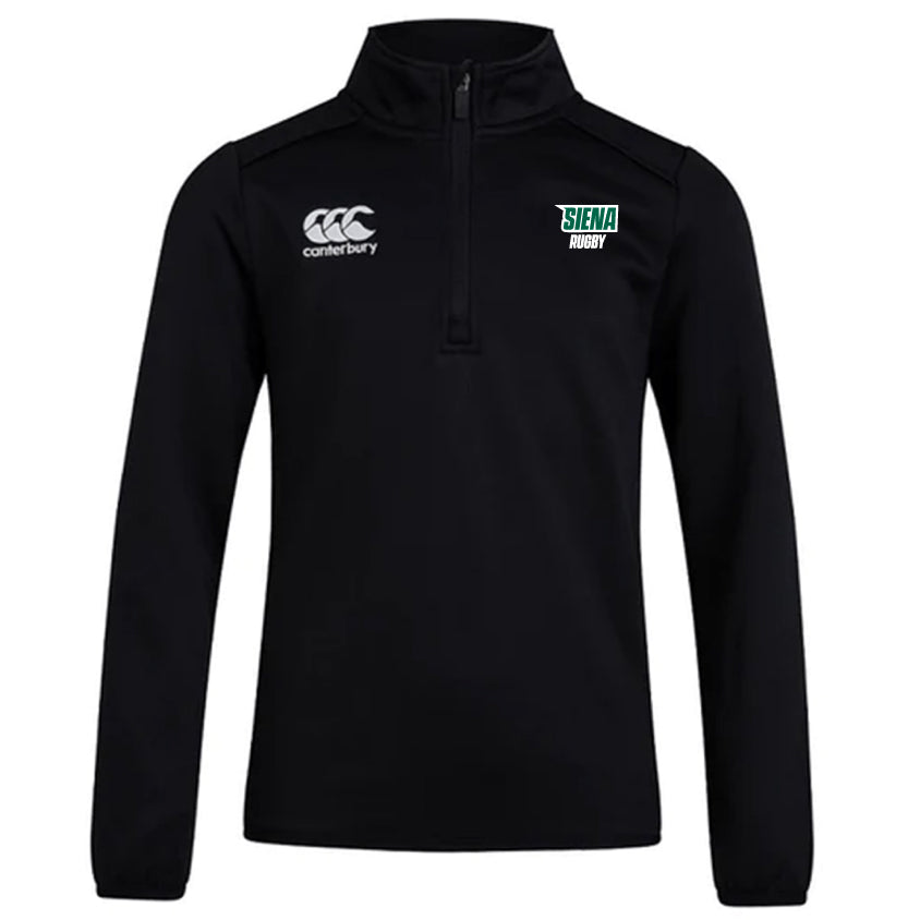 The Siena College Club 1/4 Zip Mid Layer by EMB Canterbury is a black long-sleeve rugby training top featuring a paneled design, Canterbury logo, and "Siena Rugby" emblem on the chest. Made from bonded fleece for warmth and comfort.