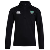 The Siena College Club 1/4 Zip Mid Layer by EMB Canterbury is a black long-sleeve rugby training top featuring a paneled design, Canterbury logo, and "Siena Rugby" emblem on the chest. Made from bonded fleece for warmth and comfort.